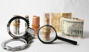 Photo of a handcuffs and cash bundles