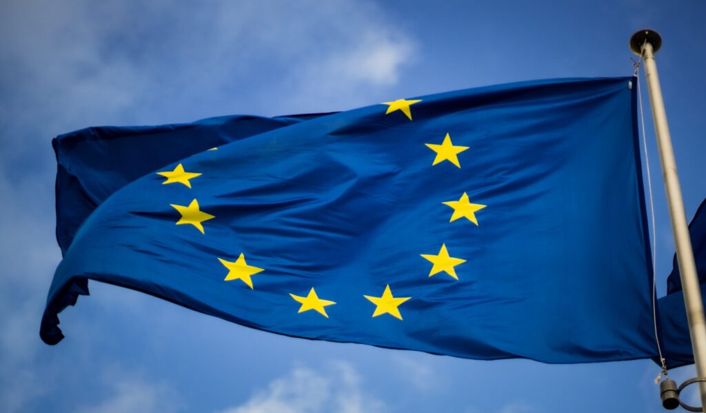 Foto della bandiera dell'Unione Europea su un albero