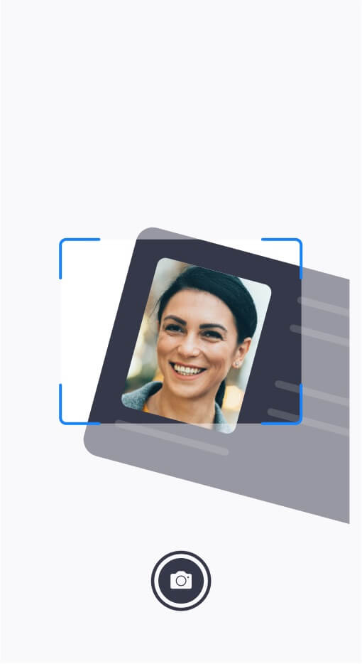 Mobile phone illustration showing an ID card being photographed. Secure customer authentication. Document authenticity verification
