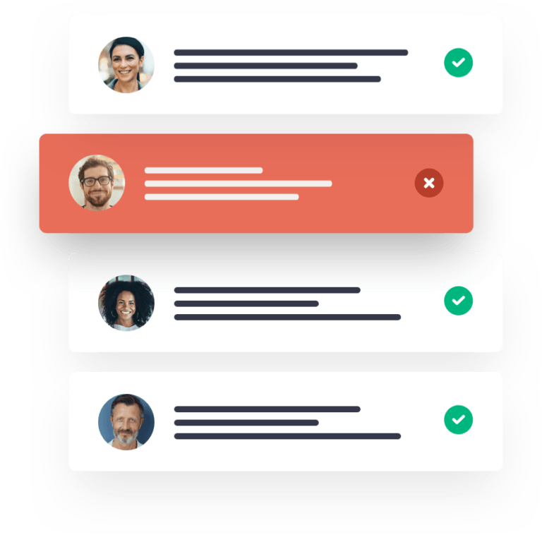 Illustration showing screening on 4 people, one person highlighted as a risk. Document verification software