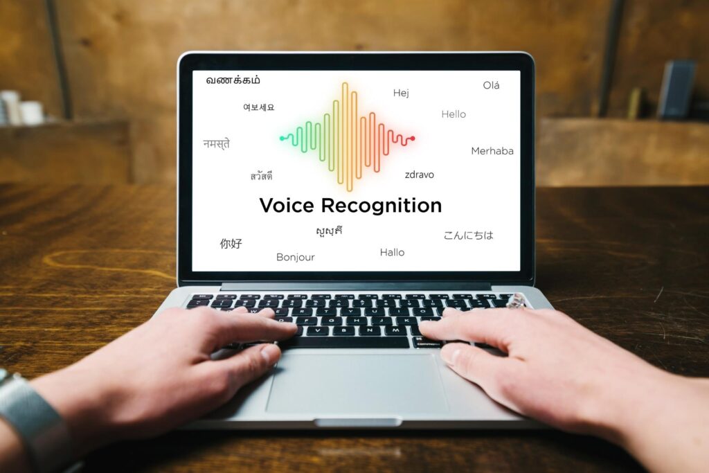 A person accessing their data through voice recognition.