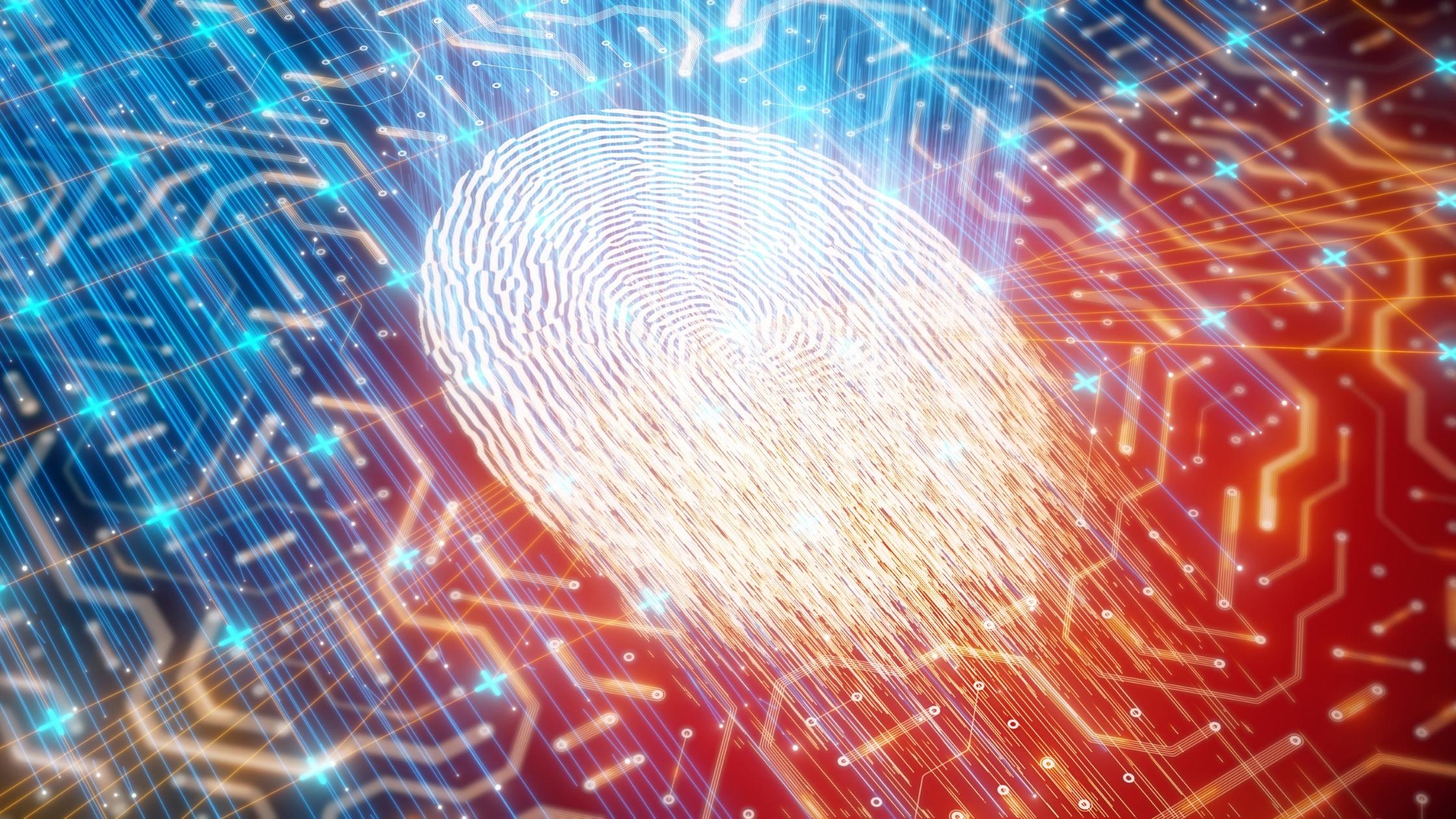 A blue and red silicone chip with a fingerprint on it. 