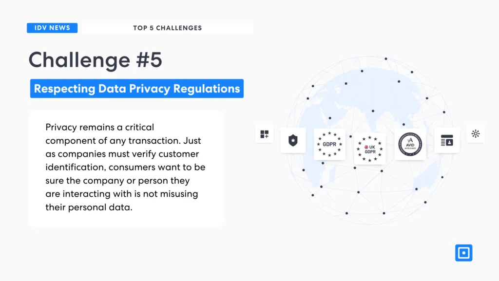 Challenge #5: Balancing Data Privacy With Comprehensive Verification. Partner with the right KYC vendor with alignment with key data and security standards.