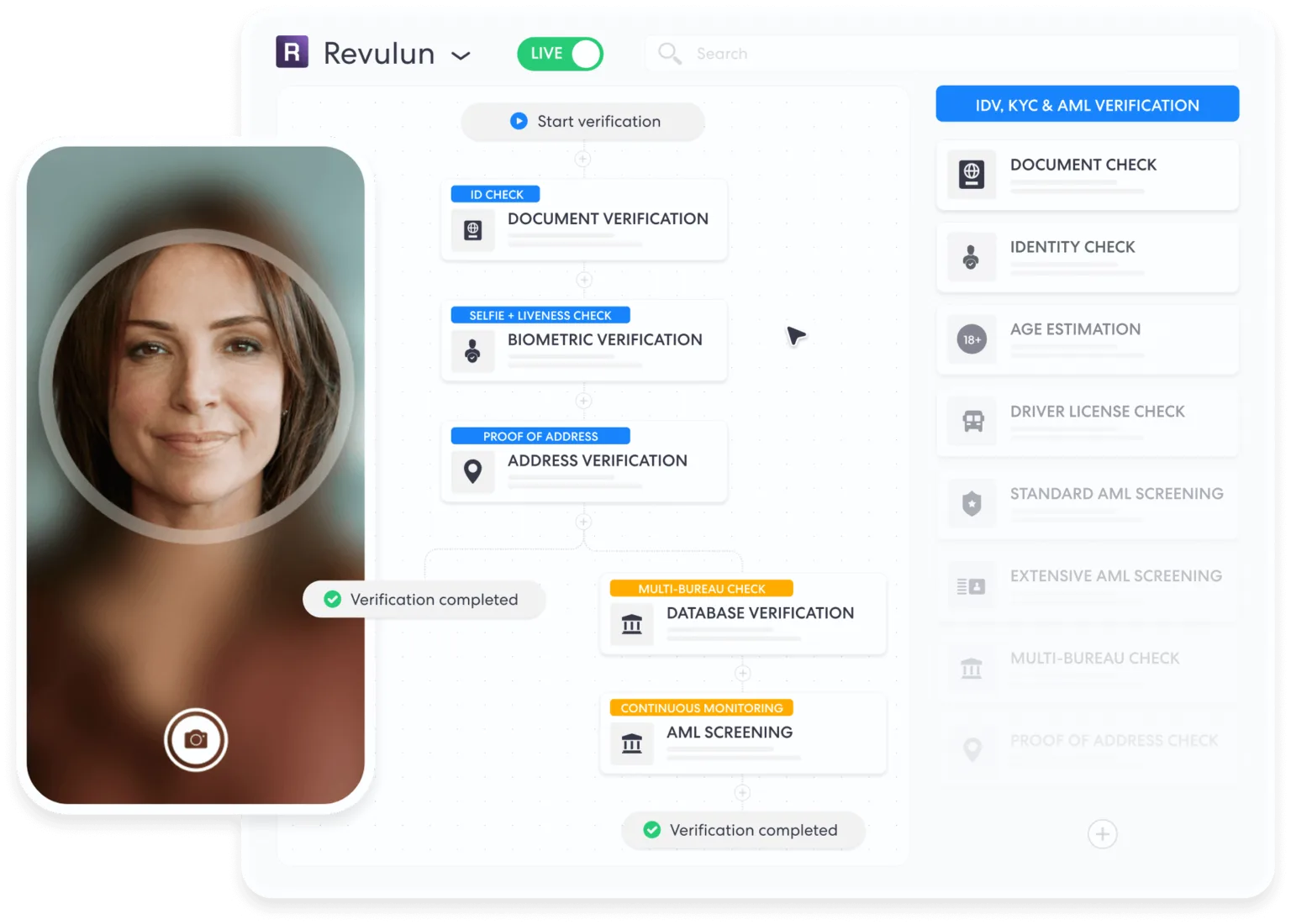 Identity Verification and Kyc Workflow Software | Complycube | Complycube Identity verification workflow dashboard showing document verification biometric authentication proof of address verification database checks and aml screening | complycube | complycube