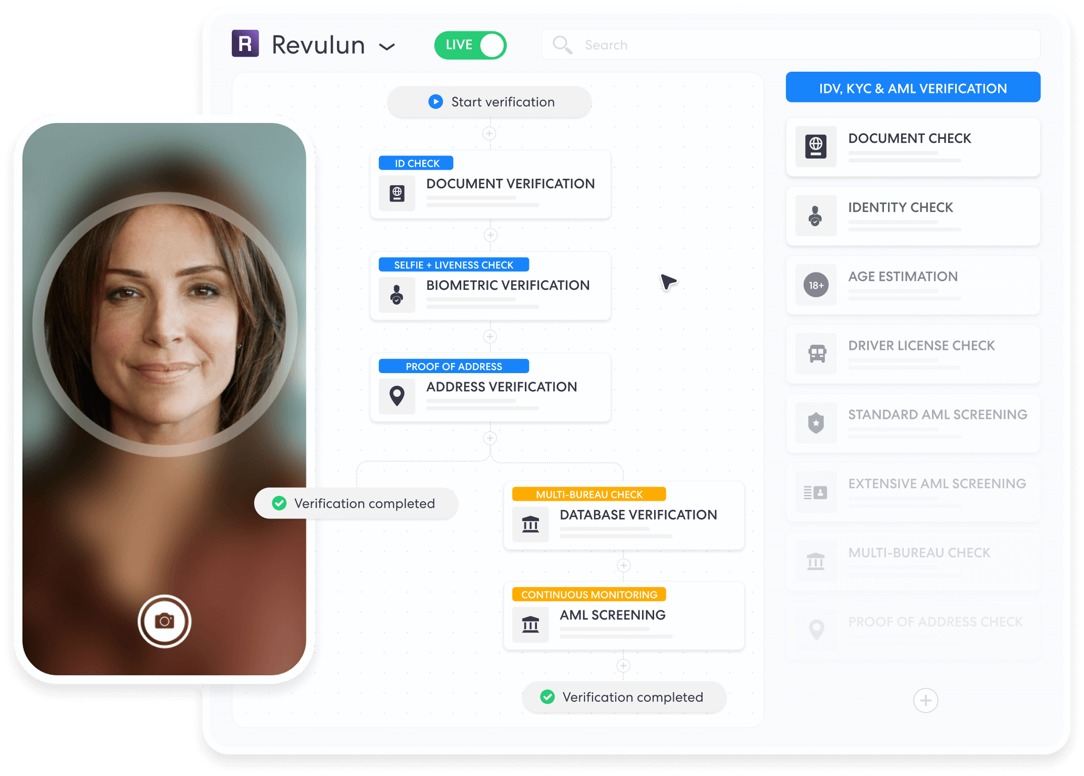Identity Verification and Kyc Workflow Software | Complycube | Complycube Identity verification workflow dashboard showing document verification biometric authentication proof of address verification database checks and aml screening | complycube | complycube