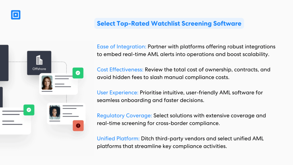 Wählen Sie die beste AML-Watchlist-Screening-Software für Ihr Unternehmen. Berücksichtigen Sie Watchlist-Prüfungen, Integrationen, Preismodell und regulatorische Abdeckung für eine fundierte Risikobewertung und weniger Fehlalarme.