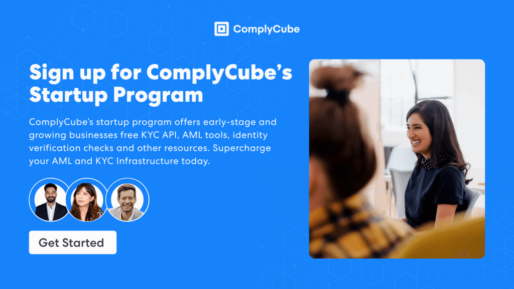 Complycube startup program banner showcasing fintech compliance tools and kyc providers for startups with aml for fast growing companies onboarding solutions