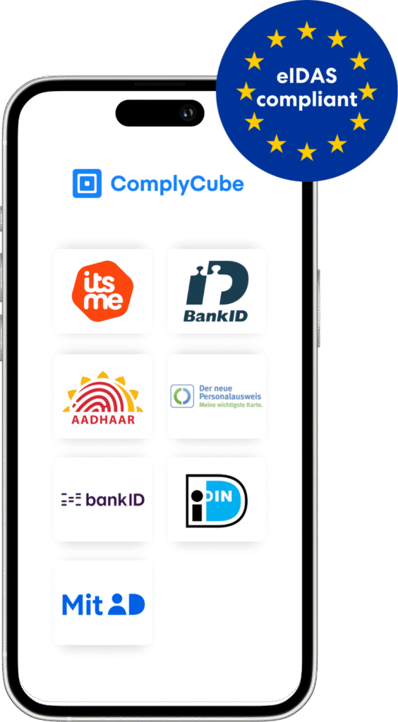 Una imagen de un iPhone con la pantalla como el itsme bankid idin mitid aadhar personalausweis y los esquemas bankid eid alineados con eidas