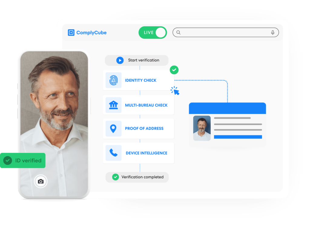 Identity verification interface showing completed checks including identity multi bureau proof of address and device intelligence