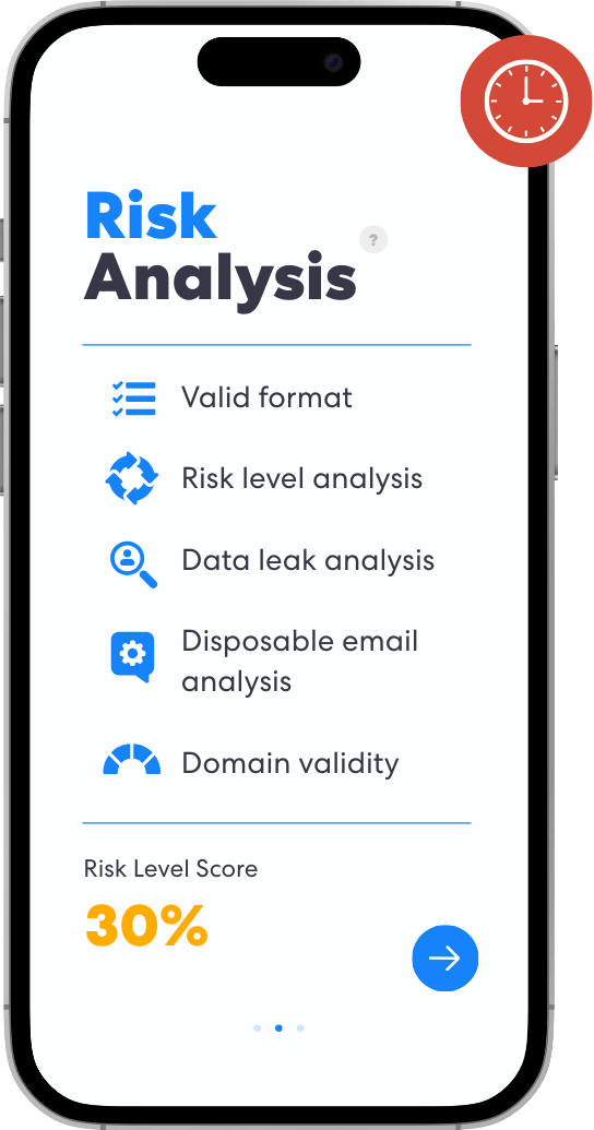 Email Intelligence Risk Analysis | Complycube Mobile screen displaying email risk analysis results including format validation data leak checks and domain validity