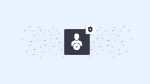 Illustration of a verified user icon with a shield over connected network nodes representing digital identity solutions a digital identity check and digital identity validation for secure onboarding