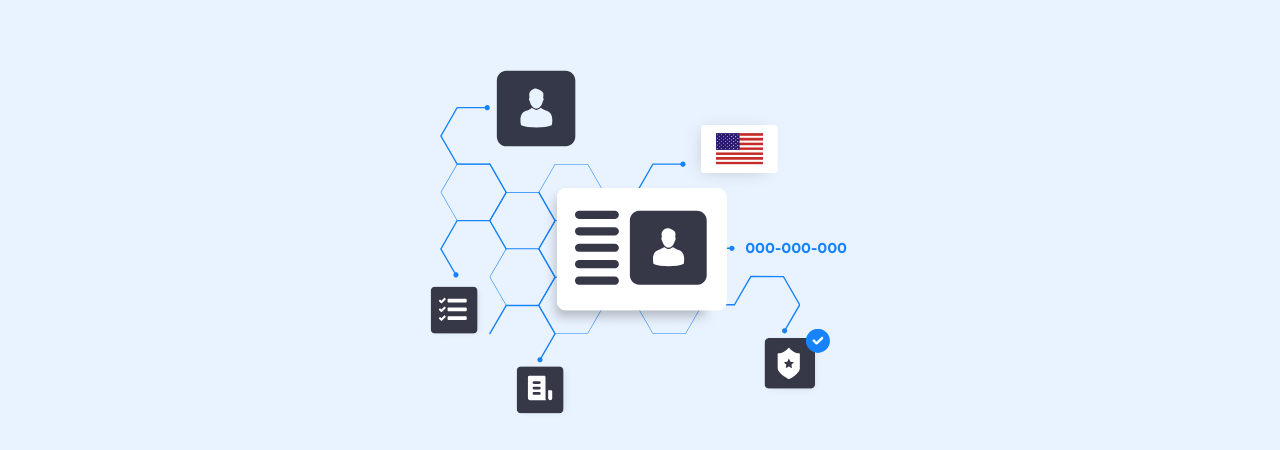 Illustration of social security number validator and identity verification process showing personal identifiers biometric authentication official records government agencies and digital verification methods used by financial institutions to ensure kyc compliance aml compliance regulatory requirements fraud prevention and data accuracy