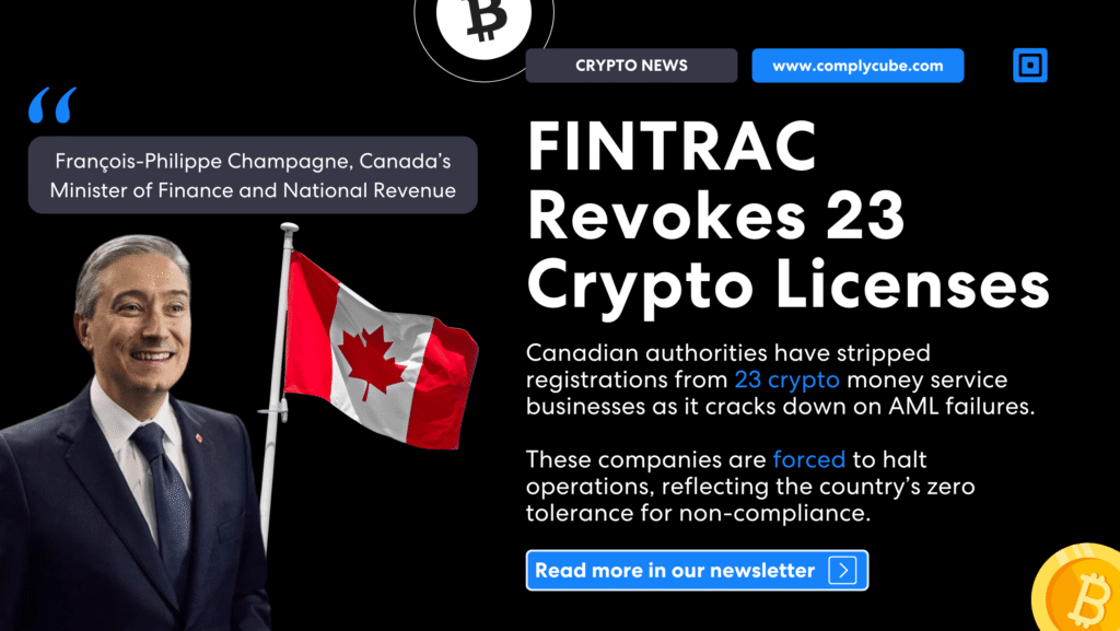 Fintrac Revokes Crypto Licenses | Complycube Canada sternly revokes 23 crypto firms licenses | complycube