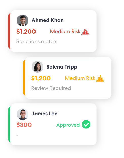 Transaction screening software displaying flagged medium risk and approved transactions in real time transaction screening system