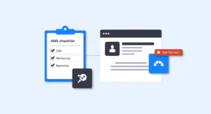 Ilustración de una lista de verificación de cumplimiento AML y de cómo esta lista evoluciona hacia un sistema de cumplimiento dinámico con perfiles de clientes, puntuación de riesgos y alertas de alto riesgo.