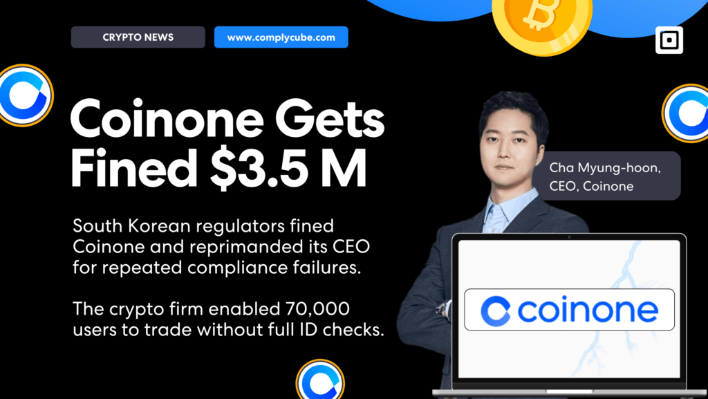 Titular del banner: Coinone recibe una multa de 5 millones, con la imagen del director ejecutivo Cha Myung Hoon y el logotipo de la empresa.