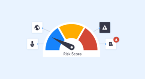 半圆形业务风险评分表显示从低到高的风险等级，周围环绕着用于业务风险评估和业务风险监控的地理风险警报和身份信号图标。