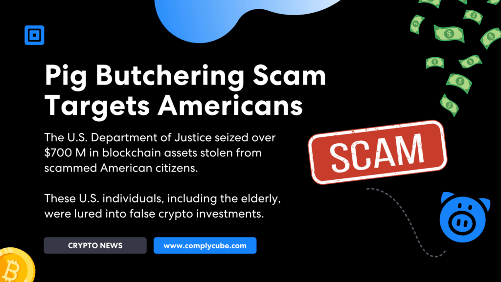 Titular llamativo: "Estafa de matanza de cerdos tiene como objetivo a los estadounidenses", con un sello rojo de ESTAFA y billetes flotando sobre fondo negro.