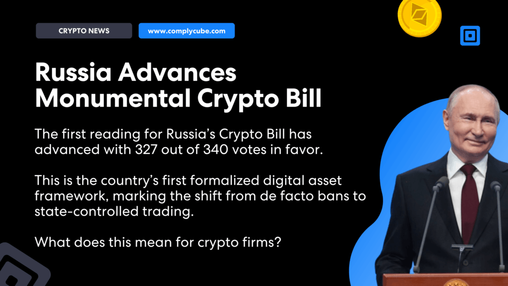 Titular que destaca los avances en el proyecto de ley sobre criptomonedas en Rusia, con texto de apoyo que muestra a Putin en un podio a la derecha sobre un fondo negro e iconos con temática criptográfica.
