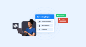 Whatmakestransactionscreeningpowerfulfordetectingfinancialcrime | Complycube Transaction screening overview showing a compliance analyst using a screening engine to perform a transaction check with sanctions screening pep checks and risk rules generating approved or flagged outcomes