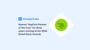 Complycube Celebrates with Third Consecutive Win at British Bank Awards 2026 Complycube graphic announcing it was named regtech partner of the year for three years running at the british bank awards 2026