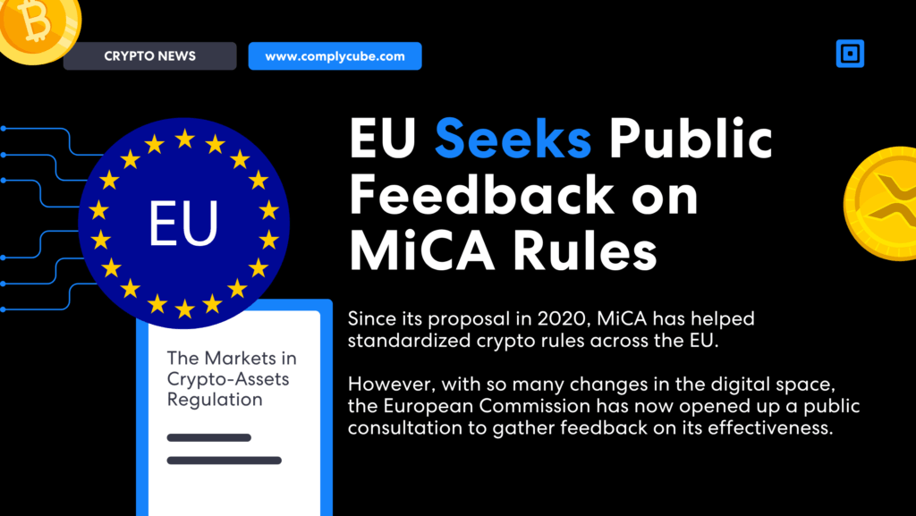 Eu Mica Public Consultation | Complycube Banner headline eu mica crypto rules with images of the eu flag and crypto coins | complycube