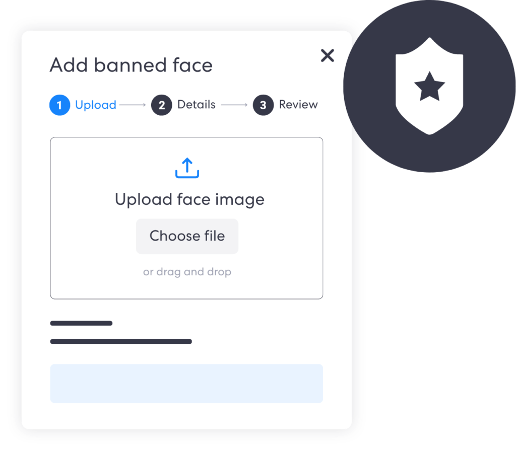 Face Blocklist form titled 'Add banned face' with a 3-step progress (1 Upload, 2 Details, 3 Review). At the bottom appears a large upload area labelled 'Upload face image' with a 'Choose file' button.