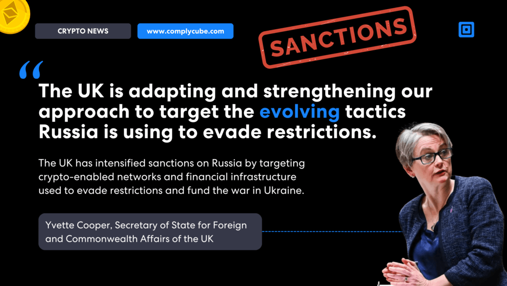 Fca Leads Sanctions on Russian Crypto Networks | Complycube Image of foreign secretary yvette cooper with the quote the uk is adapting and strengthening our approach to target the evolving tactics russia is using to evade restrictions | complycube