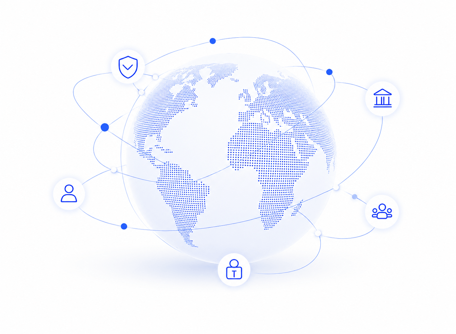 Réseau mondial de conformité AML/KYC | Complycube | Complycube Illustration minimaliste de conformité mondiale en matière de lutte contre le blanchiment d'argent et de connaissance du client (LCB-FT) : un globe terrestre bleu en pointillés est relié à des icônes de sécurité bancaire, d'identité et de confidentialité sur fond blanc. | complycube | complycube