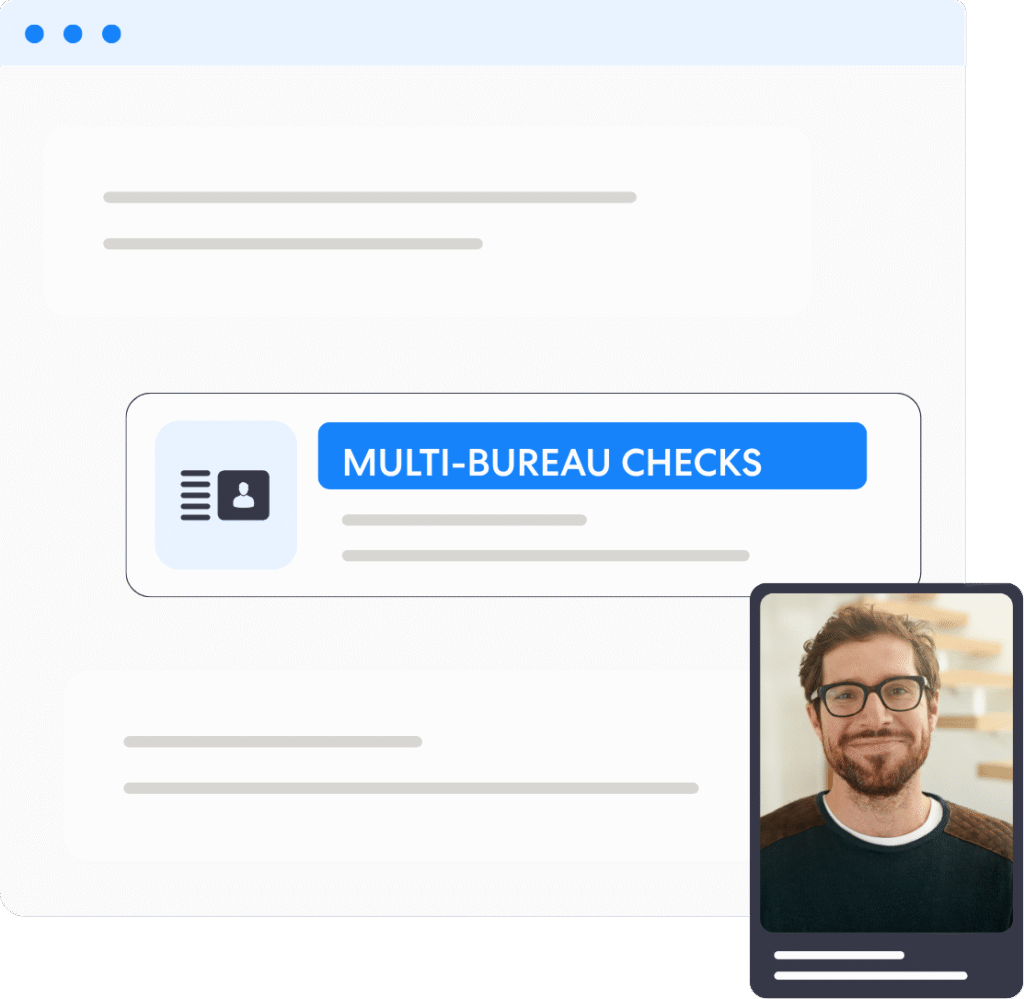 Ui mockup with a prominent blue multi bureau checks cta and a floating profilevideo card in the bottom right showing a man with glasses achieve regulatory assurance with complycubes no code workflows