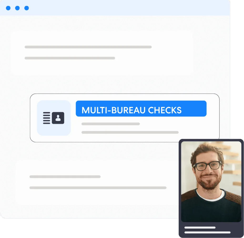 Ui mockup with a prominent blue multi bureau checks cta and a floating profilevideo card in the bottom right showing a man with glasses achieve regulatory assurance with complycubes no code workflows | complycube | complycube