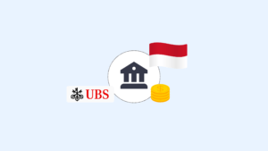 Illustrazione di un edificio bancario, monete, logo della banca UBS con la bandiera rossa e bianca di Monaco che simboleggia le multe