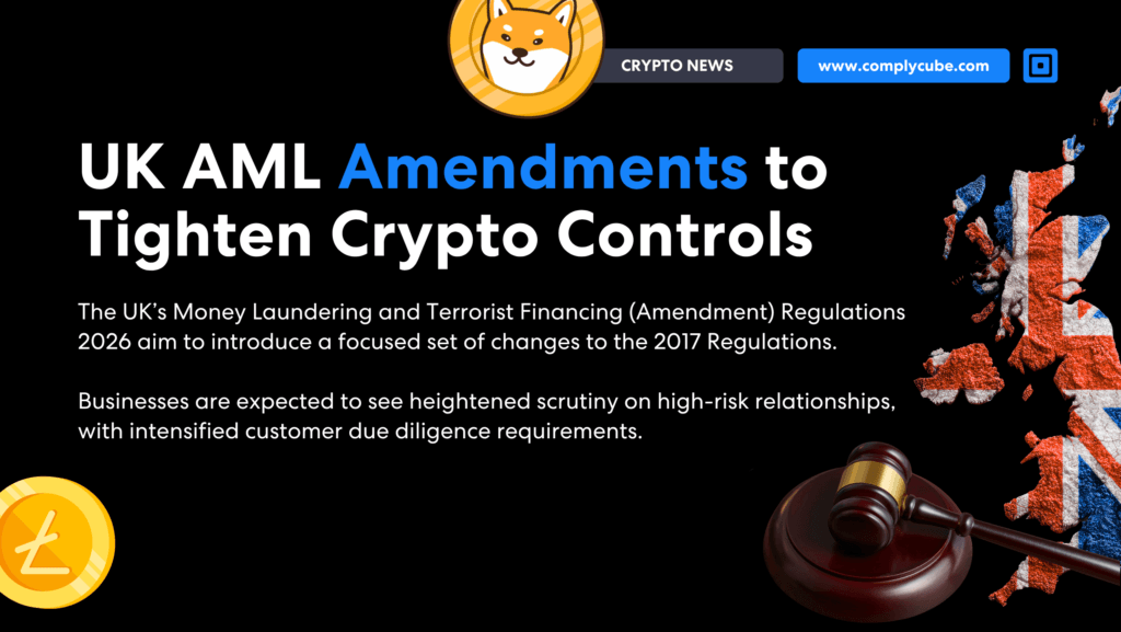 Uk Revises Aml Crypto Controls | Complycube Banner headline uk aml amendments to tighten crypto controls with images of the uk flag and crypto coins | complycube
