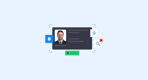 Identity verification illustration a dark card with a portrait photo status badges and icons for security features including a green id verified badge | complycube