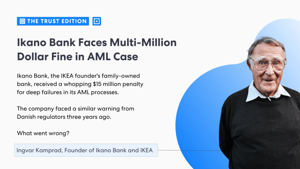 Ikano Bank Penalized for Aml Failures | Complycube News hero headline reads | complycube'Ikano Bank Faces Multi-Million Dollar Fine in AML Case' with an image of Ingvar Kamprad, Founder of Ikano Bank and IKEA, on the right.