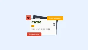 Wise Alleged Money Laundering Control Lapses | Complycube | Complycube Wise card with warning notes fraud allegation and corruption case icons indicating risk or allegation set against a pale blue background | complycube | complycube