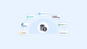 Aml Kyc Platform Comparison for Accounting | Complycube | Complycube Circular integration diagram showing partner logos around a central walletcoins icon seon complycube comply advantage first aml smartsearch credas figsflow | complycube | complycube