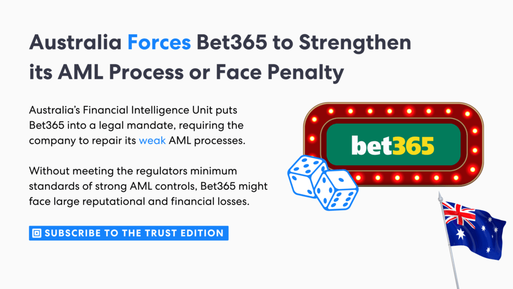 L'Australie contraint Bet365 à renforcer son dispositif de lutte contre le blanchiment d'argent sous peine de sanctions | Complycube La société de jeux en ligne bet365 fait face à un plan de contrôle d'Austrac visant à améliorer son programme de lutte contre le blanchiment d'argent | complycube