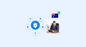 Top 5 Tranche 2 Compliance Software for 2026 | Complycube Blue shield with a checkmark at center surrounded by security icons in a circular layout a lawyerlegal professional image connected by a dotted line to an australian flag badge | complycube