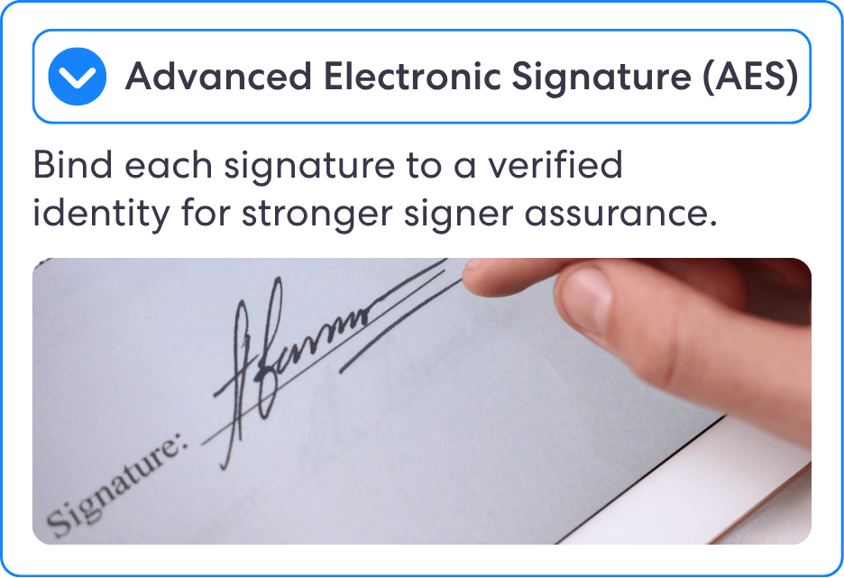 Banner for advanced electronic signature aes with a blue checkmark caption reads bind each signature to a verified identity for stronger signer assurance as a hand signs on a smartphone screen | complycube | complycube