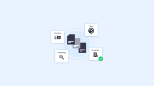 Anti Money Laundering Checks for Solicitors Practical Buyer Guide | Complycube | Complycube Illustration of a circular infographic with cards labeled identity risk screening and evidence around a central stack | complycube | complycube