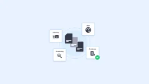Illustration of a circular infographic with cards labeled identity risk screening and evidence around a central stack | complycube