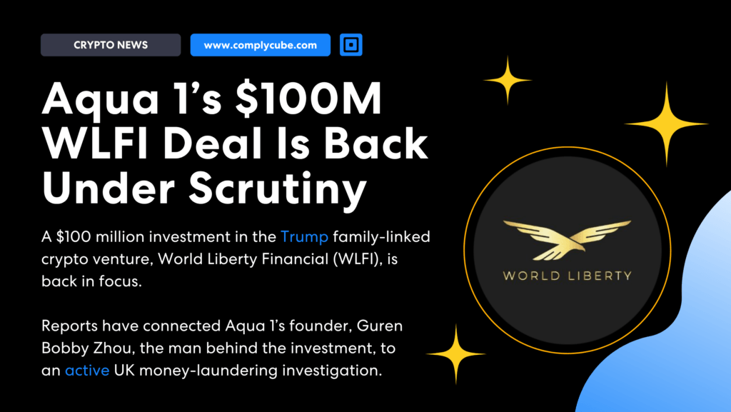 L'offerta Aqua 1s 0m Wlfi torna sotto esame | Complycube Il titolo recita: L'accordo Aqua 1S 0M WLFI è di nuovo sotto esame con il logo di World Liberty Financial sul lato destro | complycube