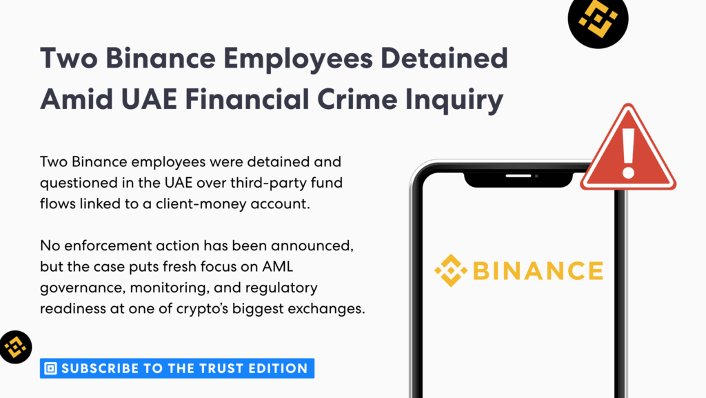 تحقيق مع موظفي شركة باينانس بتهمة ارتكاب جرائم مالية في الإمارات العربية المتحدة | كومبلاي كيوب لافتة رئيسية تُشير إلى احتجاز اثنين من موظفي منصة باينانس وسط تحقيق في جرائم مالية في الإمارات، مع شعار باينانس ورمز تحذير أحمر على اليمين | complycube
