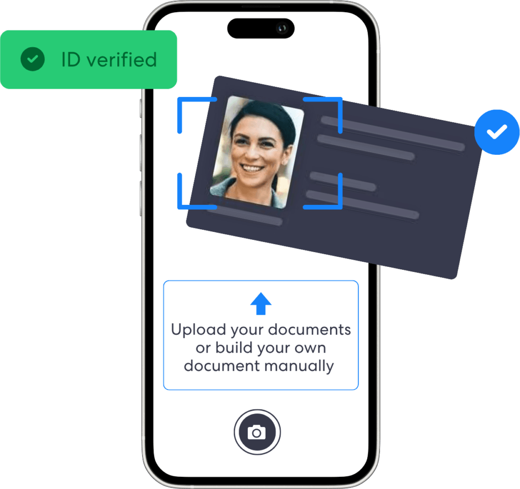 Phone screen showing a document upload prompt upload your documents or build your own document manually with an id card overlay and an id verified badge beside it | complycube | complycube