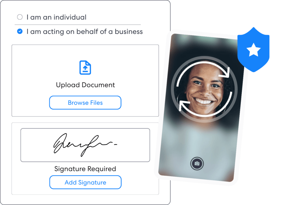 Form on a signup or verification screen showing i am acting on behalf of a business selected with another option i am an individual above on the right side is a ui of a phone with an identity verification of a user | complycube | complycube