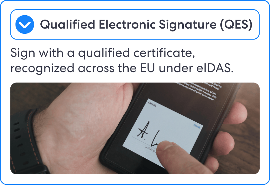 Banner for qualified electronic signature qes with a blue checkmark caption reads sign with a qualified certificate recognized across the eu under eidas as a hand signs on a smartphone screen | complycube | complycube