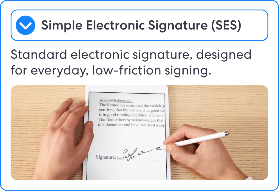 Banner for simple electronic signature ses with a blue checkmark caption reads standard electronic signature designed for everyday low friction signing as a hand signs on a smartphone screen | complycube | complycube