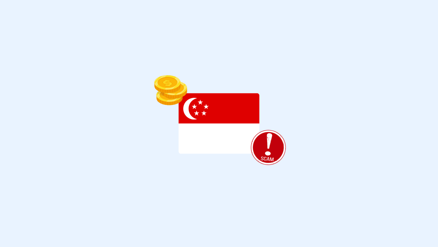 تحقيق في عمليات الاحتيال بسنغافورة يربط 270 مشتبهاً بهم بخسائر بقيمة 4 ملايين جنيه إسترليني | كومبلاي كيوب علم سنغافورة في المنتصف، يليه رمز احتيال في أسفل اليمين ورمز عملات معدنية في أعلى اليسار | complycube