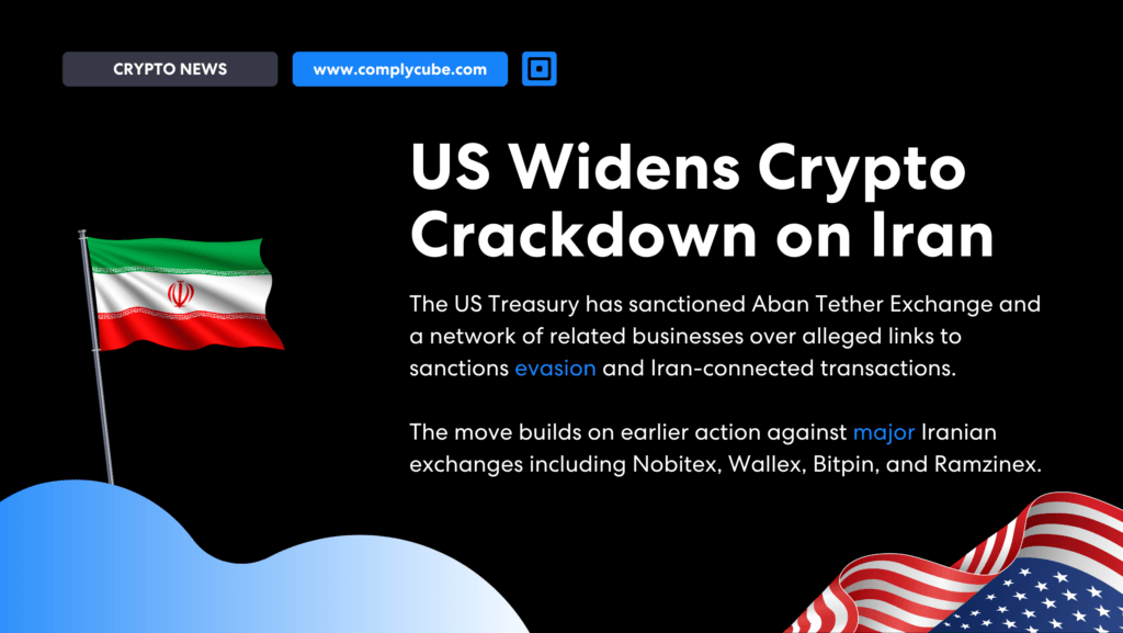 Gli Stati Uniti intensificano la repressione contro l'Iran nel settore delle criptovalute | Complycube Articolo principale con il titolo in grassetto bianco | complycube'Gli Stati Uniti intensificano la repressione delle criptovalute contro l'Iran' su sfondo nero; bandiera iraniana a sinistra e un motivo con la bandiera statunitense in basso a destra.